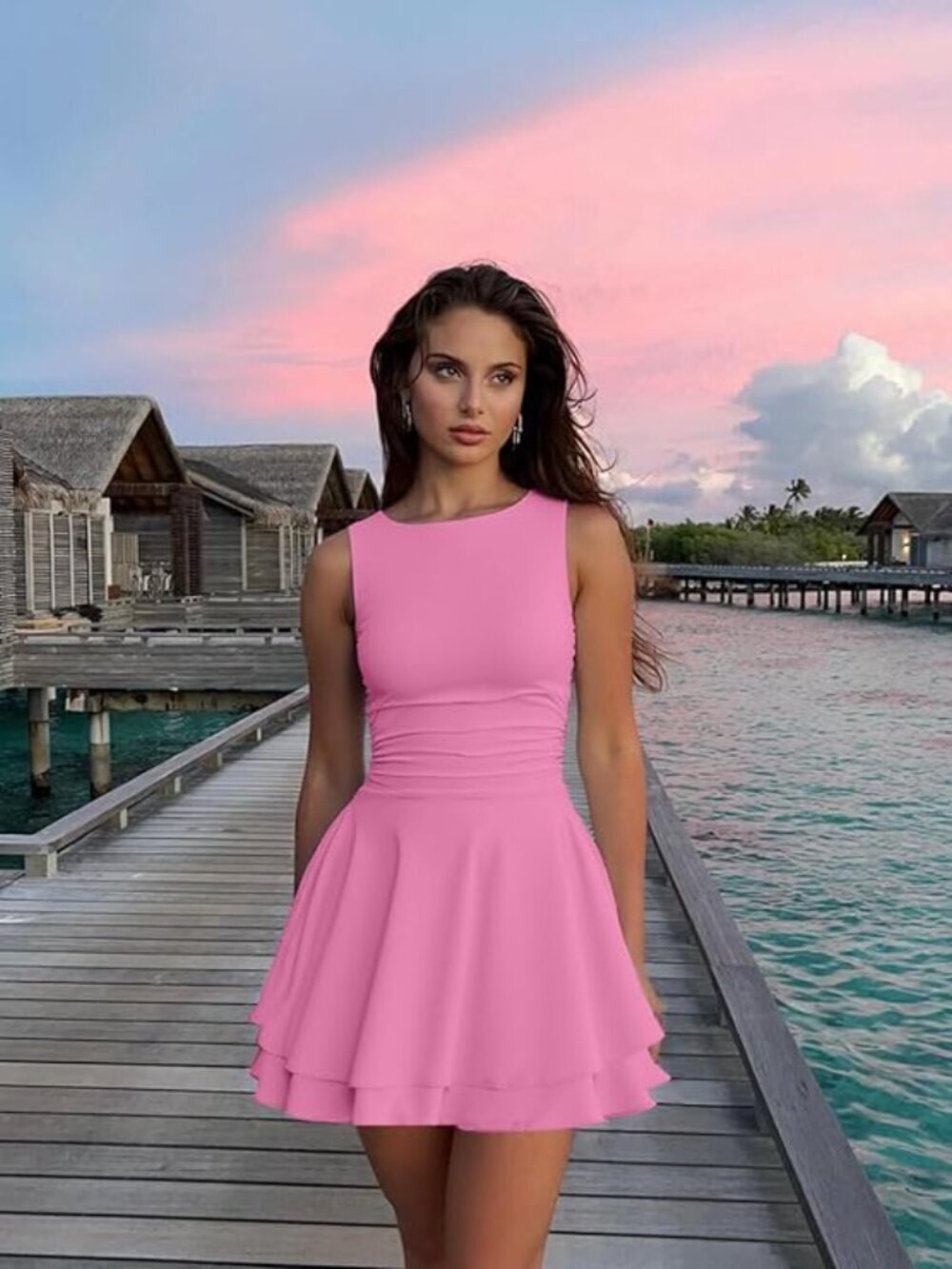 〽️Women's Pink Ruffle Hem Boat Neck Sleeveless Ruched Corset Short Mini Dress